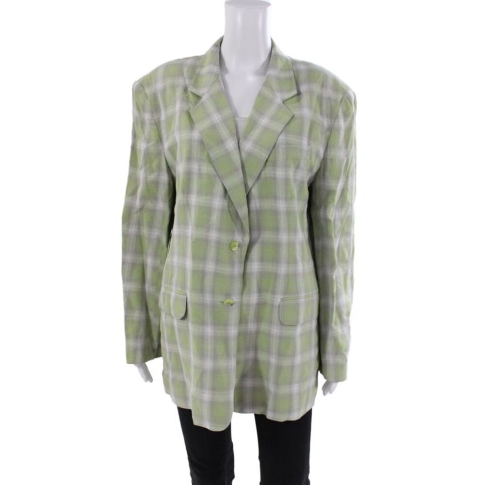 Et Vous Women Green Plaid Basic Jacket Rayon Button Long Sleeve Size 2